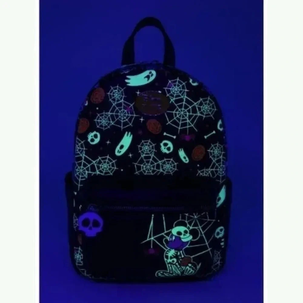 Her Universe Disney Mickey Mouse Halloween Skeleton Glow In The Dark Backpack - Picture 2 of 5